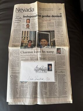 Frank Sinatra commemorative stamp autographed by Tina Sinatra with news article